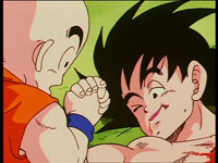 Kurirín sujeita a mão de Goku, que está a ponto de morrer
